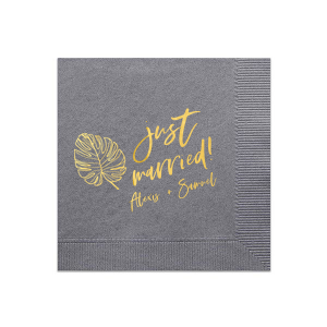 Our custom Slate Cocktail Napkins with Bleed with Shiny 18 Kt Gold Foil has a Full Bleed Tropical Leaves graphic and is good for use in Full Bleed themed parties and will make your guests swoon. Personalize your party's theme today.
