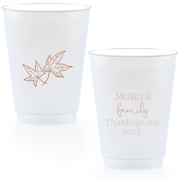 Elevate your autumn gatherings with the Thanksgiving Fall Leaves Cup! Two elegant fall leaves float gracefully, adding a touch of seasonal charm. Personalize the reverse side with four dynamic lines, each in playful fonts. Perfect for sipping and celebrating in style. Cheers to a well-scripted harvest!