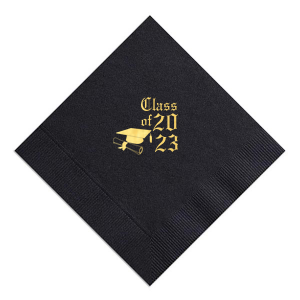 ForYourParty's personalized Black Cocktail Napkin with Shiny 18 Kt Gold Foil has a Cap and Scroll graphic and is good for use in Graduation themed parties and are a must-have for your next event—whatever the celebration!