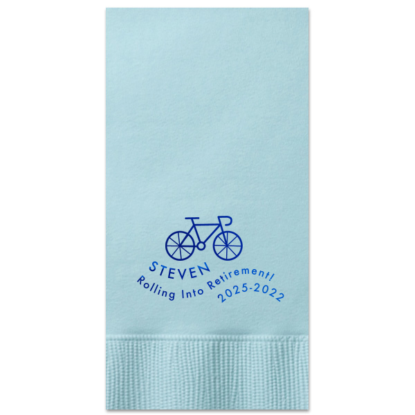Pedal to Paradise. Celebrate the journey with the Rolling into Retirement Bicycle Napkin. Featuring a charming bicycle graphic and a playful "Rolling into Retirement" wave design, this napkin captures the excitement of new adventures ahead. Perfect for honoring the retiree's years of service and the open road that awaits.

