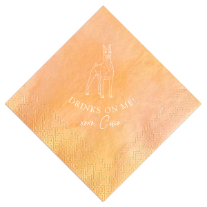 Honor your cherished four-legged family member with the Drinks On Me Dobermann Napkin. This design showcases a majestic Dobermann Pinscher. The playful phrase "Drinks on Me!" coupled with a tender "xoxo" and the dog’s personalized name, reflects the special place this furry friend holds in the family. 