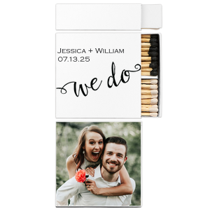 The ever-popular White Classic Custom Photo Matchbox with Matte Black Ink Digital Print Colors and Matte Fuchsia Ink Digital Print Colors has a We Do 3 graphic and is good for use in Wedding, Words themed parties and will add that special attention to detail that cannot be overlooked.
