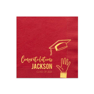 Capture the exhilarating moment of achievement with the Cap Toss Graduation Congratulations Napkin. It features a spirited depiction of a graduation cap mid-air, symbolizing both an end and a new beginning. Emblazoned with "Congratulations," the graduate's name, and class date, this design radiates the vibrant energy of commencement celebrations.