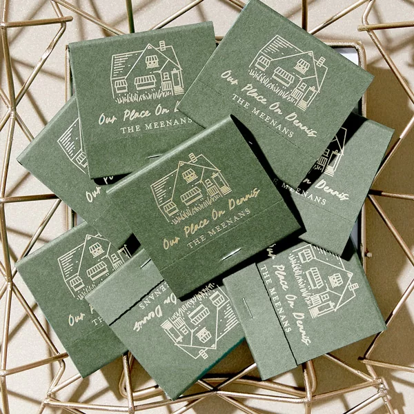 Green Matchbooks with a house and personalized text