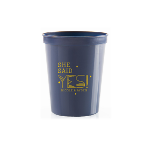 The ever-popular Gold 16 oz Stadium Cup with Matte White Ink has a Sparklesgraphic and is good for use in Wedding, Engagement and Bridal Shower themed parties and will impress guests like no other. Make this party unforgettable.