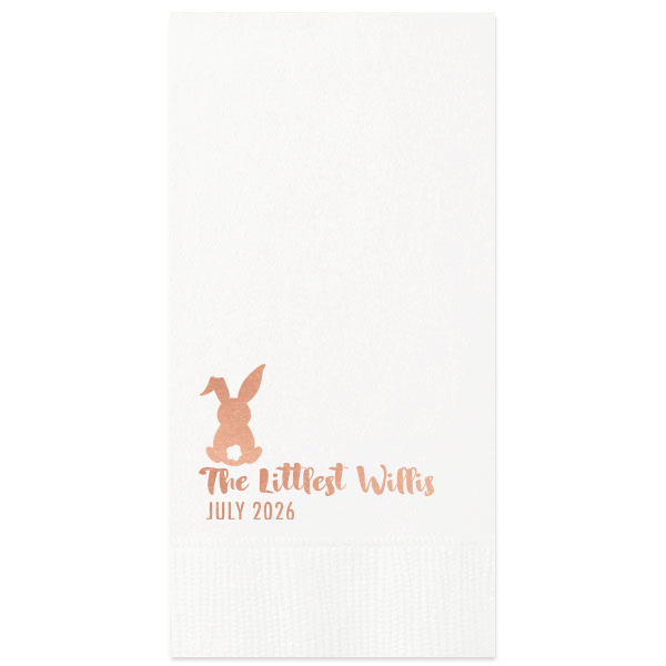 Custom White Cocktail Napkin with Shiny Rose Gold Foil has a Bunny graphic and is good for use in Animals, Easter, Holiday themed parties and will make your guests swoon. Personalize your party's theme today.