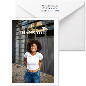 Customize this graduation thank you card with a photo of the grad! This personalized note card is perfect for giving out at a graduation party. 