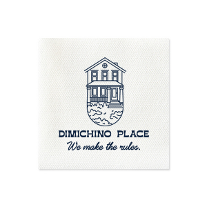 Lay down the law of the land at your housewarming with the Home Rule Maker Napkin, featuring "We make the rules" beneath a minimalistic modern house graphic, with your chosen name or street in a crisp, modern block font. A statement piece for your new home's debut.