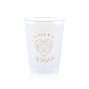 ForYourParty's elegant Gold Ink 20oz Frost Flex Cup with Gold Ink Cup Ink Colors has a Geo Heart graphic and is good for use in Hearts, Geometric, Wedding themed parties and will make your guests swoon. Personalize your party's theme today.