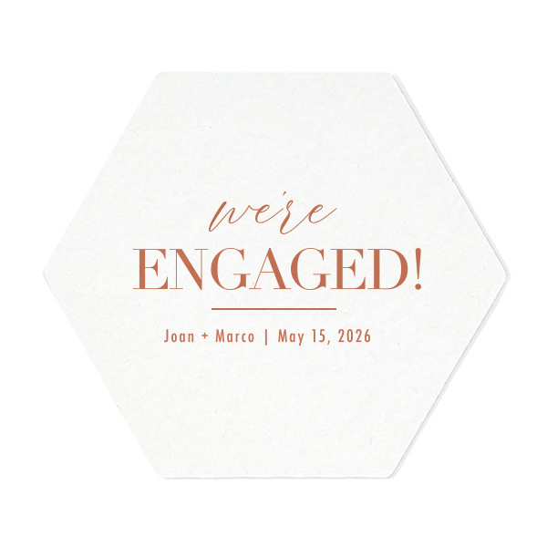 Our custom Blush w/ Kraft back Hexagon Coaster with Satin Copper Penny Foil can be customized to complement every last detail of your party.