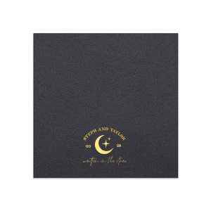 Set a celestial stage for your nuptials with the Celestial Matrimony Napkin, displaying the couple's names arched above a moon and stars, framed by the wedding date, and finished with the romantic phrase "Written in the Stars." A heavenly touch for your star-crossed celebration.