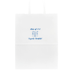 Celebrate scholarly success with the Tossed Graduation Caps Bag, customized with the graduate's name and the commemorative year, adorned with a modern line-drawn graphic of jubilant arms tossing their caps skyward. A stylish graduation bag for any graduation celebration.