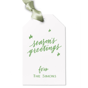 Personalized Natural Frost White Luggage Gift Tag with Shiny Rose Quartz Foil has a Season's Greetings graphic and is good for use in Words, Holiday, Christmas themed parties and will give your party the personalized touch every host desires.