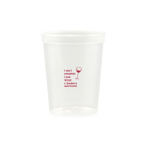 Toast to new beginnings with the Witty Wine Welcome Cup, featuring the clever quip "I don't complain I just wine," topped with a sleek, minimal wine glass drawing. Personalize with your names in a contemporary font for a housewarming filled with laughs and good cheer.