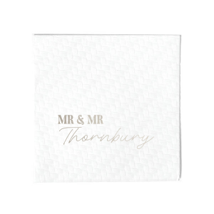 Tailor your table setting with the Elegant Union Script Napkin, customizable from "Mr & Mr" to "Mr & Ms" or any pairing you desire, crowned with the shared last name in a graceful script. A sophisticated touch for your bespoke wedding celebration.