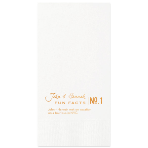 Delight guests with the Couple Fun Fact Napkin, a series of unique insights into the couple's journey. Their names are gracefully scripted, while each 'fun fact' is presented in a stylish 'logo-like' format, featuring "No." and a number. Each napkin reveals a trivia tidbit, engaging guests in the couple's story.