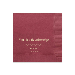 The You Look Stunning Napkin is sure to delight and stun all guests at your next party event. The customizable napkins are averrable in your choice of colors, featuring personalized text to best share your heart-felt message. Featured in our Burgundy Wedding theme, match your special occasion with any number of stylish products to create a cohesive vision.
