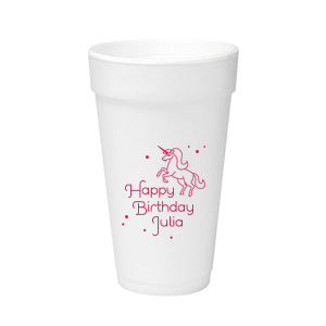 The ever-popular Matte Fuchsia Ink 12 oz Styrofoam Cup with Matte Fuchsia Ink Cup Ink Colors has a Unicorn graphic and is good for use in Animals, Kid Birthday, Birthday themed parties and will add that special attention to detail that cannot be overlooked.