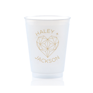 ForYourParty's elegant Gold Ink 20oz Frost Flex Cup with Gold Ink Cup Ink Colors has a Geo Heart graphic and is good for use in Hearts, Geometric, Wedding themed parties and will make your guests swoon. Personalize your party's theme today.