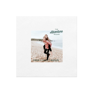 Commemorate new beginnings with The Adventure Begins Custom Photo Napkin. Personalize with a cherished photo, names, and date to spotlight your celebration's stars. Whether for lovebirds or enduring adventurers, it's a beautiful canvas capturing memories, elegantly adorning your festive table!