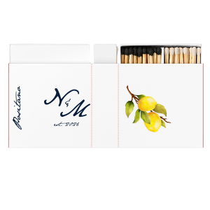 Give your guests a memorable wedding favor with this matchbox! Featuring a watercolor lemon graphic, this custom matchbox can be personalized with the date and location of your wedding. 
