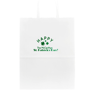 Our personalized White Gloss Goodie Bag with Shiny Leaf Foil has a Clovers graphic and is good for use in St. Patricks Day and Holiday themed parties and will give your party the personalized touch every host desires.