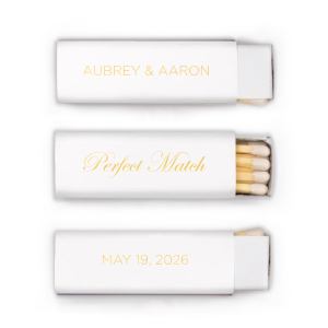 The Wedding Date Perfect Matchbox design on a "lipstick" matchbox blends elegance and whimsy. One panel features "Perfect Match" in gracefully scripted flourishes, while the other panels showcase the couple's names and wedding date in bold, all-caps block letters, creating a charming play on words for this keepsake.