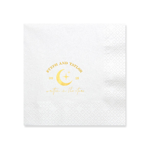 Set a celestial stage for your nuptials with the Celestial Matrimony Napkin, displaying the couple's names arched above a moon and stars, framed by the wedding date, and finished with the romantic phrase "Written in the Stars." A heavenly touch for your star-crossed celebration.