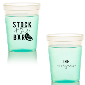 Gear up for a night of fun with the Stock the Bar Lime Cup. One side commands with flair—“Stock the Bar”—next to a zesty lime graphic, while the other proudly displays the hosts' name. It's your cue to sip, savor, and let the good times roll!