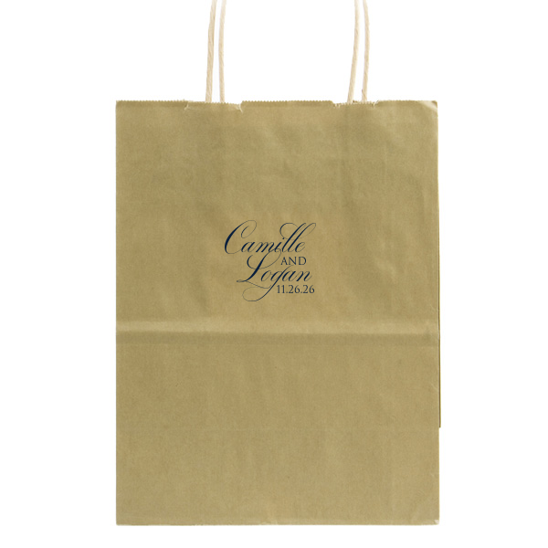 Our personalized Taupe Gift Bag with Matte Navy Foil will make your guests swoon. Personalize your party's theme today.