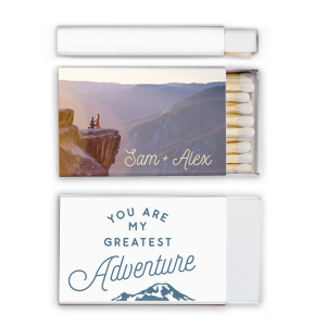 Custom White Classic Custom Photo Matchbox with Matte Ivory Ink Digital Print Colors and Matte Stone Blue Ink Digital Print Colors has a Greatest Adventure graphic and is good for use in Wedding, Travel, Words themed parties and will look fabulous with your unique touch. Your guests will agree!