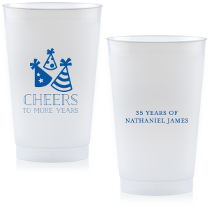 Throw a party to remember with custom barware! Add the guest of honor's name and cheers to many more years with these plastic color cups. Our casual block font and party hat graphics will make these instant party favorites perfect for any birthday.