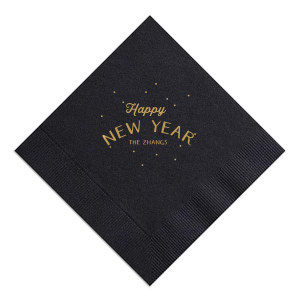 Ring in the New Year with a bang using the Happy New Year Fireworks Napkin, where vibrant dots burst into the night sky around a jubilant greeting. The hosts' names below crown this elegant display, perfect for toasting to new beginnings.