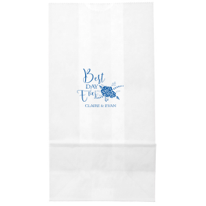Our custom White Goodie Bag with Matte Royal Blue Foil Color has a Floral Vine RSVP graphic and is good for use in Lovely Press themed parties and can be customized to complement every last detail of your party.