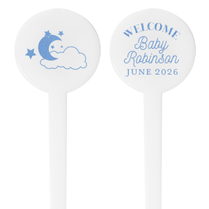 The Sweet Dreams Baby Shower Stir Stick is the ideal keepsake for a baby shower, featuring a serene graphic of the moon, clouds, and stars on one side, symbolizing the peaceful and hopeful anticipation of a newborn. The reverse side allows for customization with your baby's name and their expected arrival date, elegantly written in a harmonious blend of flowing script and timeless serif font. This thoughtful stirrer is a lovely way to celebrate the upcoming addition to your family and is perfect for baby shower decor or as a cherished memento for guests.