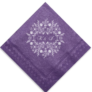 The Blossoming Floral Frame Napkin design features a regal wreath of roses, peonies, and lush greenery, symbolizing love's abundance. At its heart, the couple's initials intertwine in an elegant script, capturing the essence of unity and togetherness within this charming, botanical motif.