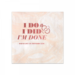 Celebrate a divorce party with fun personalized party accessories. The end of an era demands a celebration. This custom cocktail napkin features a broken rings graphic and a bold typeface for an unconventional bash. 
