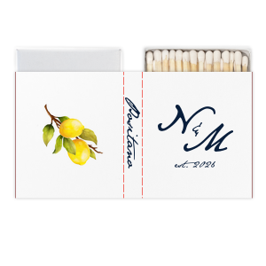 Give your guests a memorable wedding favor with this matchbox! Featuring a watercolor lemon graphic, this custom matchbox can be personalized with the date and location of your wedding. 
