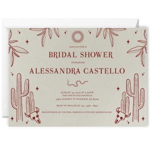 The Southwest Stamped Invitation is sure to cause a stampede at your next party event! The foil stamp design depicts a blistering desert scene paired with customizable text in the color of choice. Perfect for summertime parties, engagements or home entertaining!