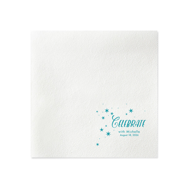 Ignite the party with the Twinkling Stars Celebrate Napkin! A dazzling burst of stars floats in the air, emphasizing the jubilant "Celebrate". Like fireworks in the night sky, this design captures the essence of pure festivity.