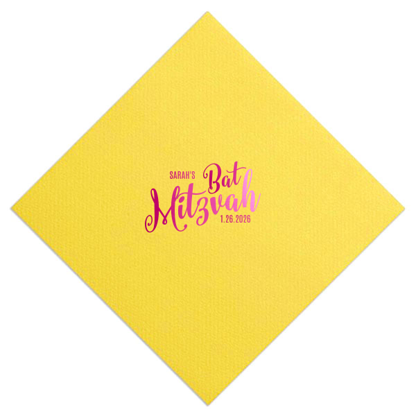 Infuse joy into coming-of-age celebrations with the Mitzvah Fun Script Napkin, boasting a playful script fit for Bat or Bar Mitzvah festivities. The exuberant flourishes surrounding the celebrant's name and date capture the lively spirit of this significant occasion.