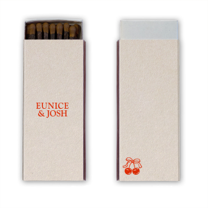 Choose a matchbox as cute as you with the Cherry Pair Matchbox. The simple design features personalized text on the front and a solitary pair of cherries on the backside. Available in your choice of box color and foil stamp color, the product is easy to customize to your liking and match your unique taste.