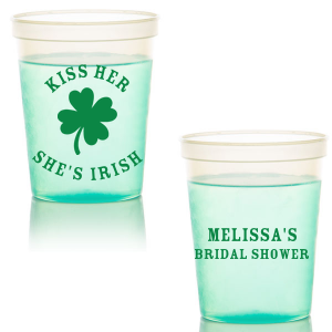 Add a dash of good luck to your event with the Kiss Me I'm Irish Cup! Featuring a dour leaf clover on one side and space to personalize with your name and the event you're celebrating on the other side, this custom cup is perfect for a bridal shower or entertaining at home. 