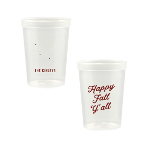 celebrate the autumn season with the Happy Fall Y'all Cup. Printed in your choice of cup style and ink color, make your family gatherings all the more personal this season.