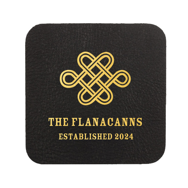 Personalized Black Leather Leather Square Coaster with Shiny 18 Kt Gold Foil has a Love Knot graphic and is good for use in Wedding, Symbols themed parties and can be customized to complement every last detail of your party.
