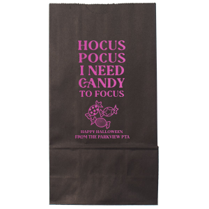 Spooky season is upon us, and the Hocus Pocus Focus Bag is ideal for your Halloween parties or school events. Featuring the phrase "hocus pocus I need candy to focus" above a graphic of candy, you can personalize with your name and fill with the candy of your choice!