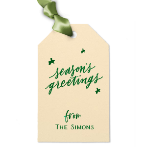 Personalized Natural Frost White Luggage Gift Tag with Shiny Rose Quartz Foil has a Season's Greetings graphic and is good for use in Words, Holiday, Christmas themed parties and will give your party the personalized touch every host desires.