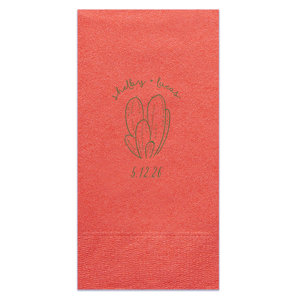 Add a touch of desert charm to your wedding with the Southwestern Cactus Napkin, featuring a serene cactus illustration. Names in whimsical script arch above, while the date nestles below, creating an oasis of love for your special day.