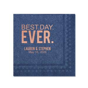 Have the best party details ever with this personalized napkin. The bold font, Rose Gold foil and Light Navy napkin work together for a stylish look. Keep these colors or change to match your theme. Add your names and wedding date for a bar addition you and your guests will love!