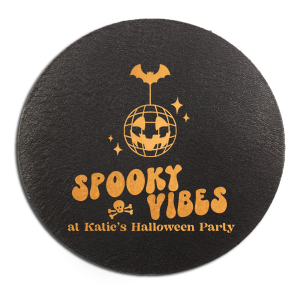Custom Halloween decor will take your event up a notch! Celebrate the season with the Spooky Vibes Coaster. You can personalize with your name below a modern pumpkin disco design. 